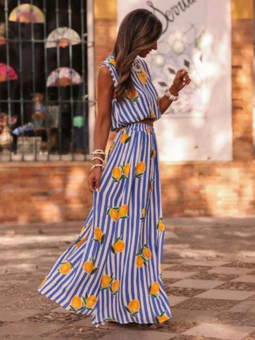 Blue & White Striped Maxi Dress with Yellow Lemon Print